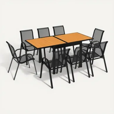 Salon De Jardin Poly Table Extensible 90-180 Cm Et 8 Chaises Bois Et Noir