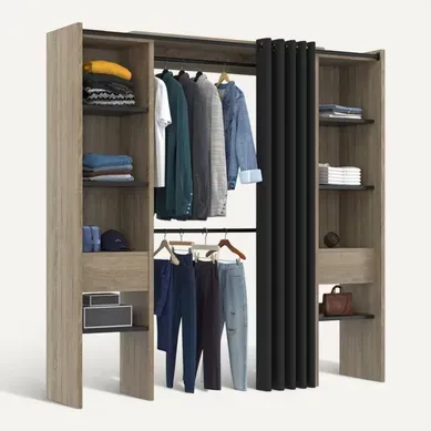 Dressing Extensible Double Bois Et Noir Meryl 120/180x180cm Rideau + Double Penderie + Étagères