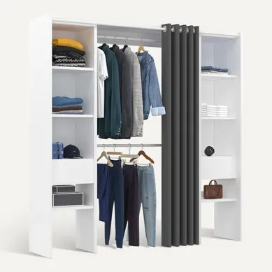 Dressing Extensible Double Blanc Et Gris Meryl 120/180x180cm Rideau + Double Penderie + Étagères Dressing Extensible Double Blanc Et Gris Meryl 120/180x180cm Rideau + Double Penderie + Étagères