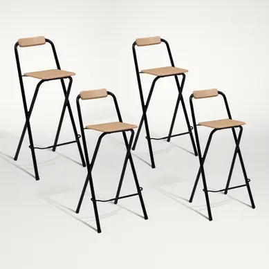 Lot De 4 Tabourets De Bar Pliants Detroit Structure Noire Avec Assise Effet Bois Design Industriel