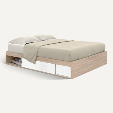 Cadre De Lit Double Salem Avec Rangements Et Sommier 160 X 200 Cm Façon Hêtre Et Blanc