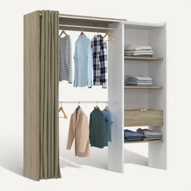 Dressing Extensible Blanc Bois Marty 120/170x50x180cm Avec Rideau + Double Penderie + Étagères Dressing Extensible Blanc Bois Marty 120/170x50x180cm Avec Rideau + Double Penderie + Étagères