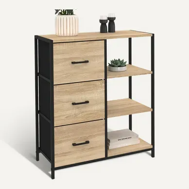 Buffet D'appoint 3 Tiroirs Et étagères 70 Cm Utah Design Industriel