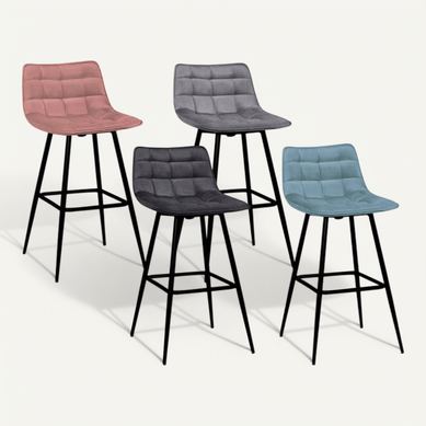 Lot De 4 Tabourets De Bar Mady En Velours Mix Color Pastel Bleu, Gris Clair, Gris Foncé, Rose