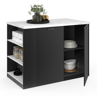 Ilot Central Tibo 120 Cm Bois Noir Avec Plan De Travail Effet Marbre Alaska