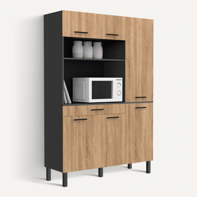 Buffet De Cuisine Avec Colonne De Rangement 120 Cm Cina 6 Portes + Tiroir Noir Et Façon Hêtre Buffet De Cuisine Avec Colonne De Rangement 120 Cm Cina 6 Portes + Tiroir Noir Et Façon Hêtre