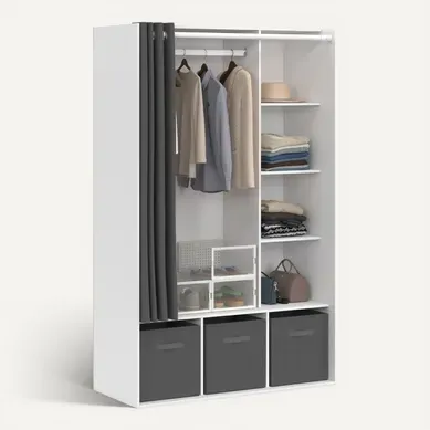 Dressing Penderie Diane 105 X 45 X 167 Cm Blanc Avec étagères + Boites De Rangement + Rideau Gris Dressing Penderie Diane 105 X 45 X 167 Cm Blanc Avec étagères + Boites De Rangement + Rideau Gris