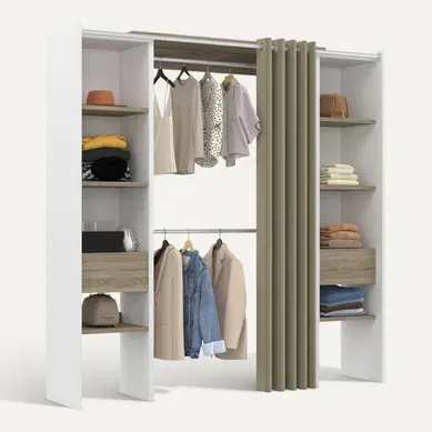 Dressing Extensible Double Meryl 120/180 X 50 X 180 Cm Blanc Avec étagères Hêtre + Double Penderie +