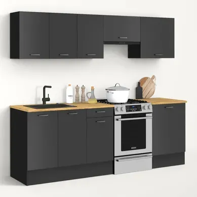 Cuisine Complète 240 Cm Subtil Avec Plan De Travail 7 éléments Noir Et Plateaux Bois Cuisine Complète 240 Cm Subtil Avec Plan De Travail 7 éléments Noir Et Plateaux Bois