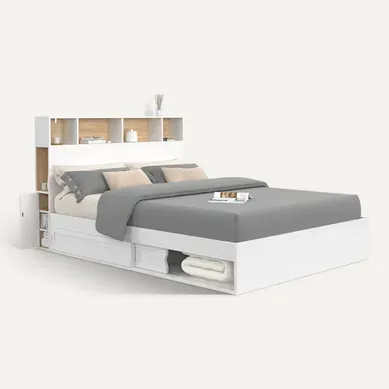 Lit Double Clem Avec Tête De Lit, Rangements Et Sommier 140 X 190 Cm Blanc Lit Double Clem Avec Tête De Lit, Rangements Et Sommier 140 X 190 Cm Blanc