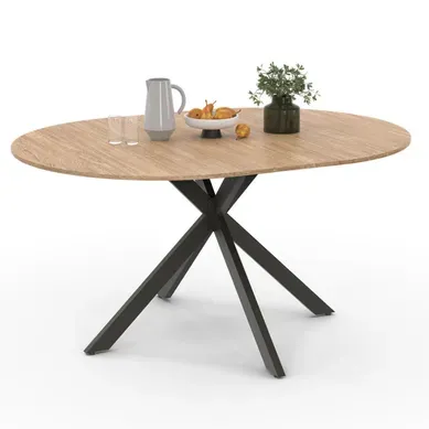 Table à Manger Extensible Ronde Alix 4-8 Personnes Pied Araignée Bois Et Noir 110-150 Cm