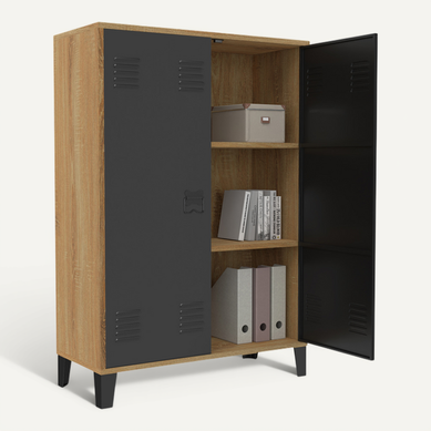 Armoire Basse Ester 2 Portes Métal Noir Et Contour Bois Design Industriel