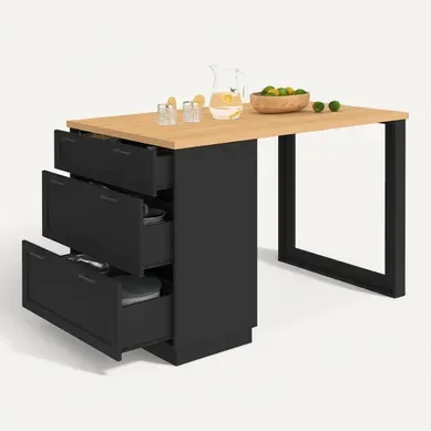 Ilot Central Mange-debout 4 Personnes Vito 130 Cm Casserolier 3 Tiroirs Noir Et Plateau Bois