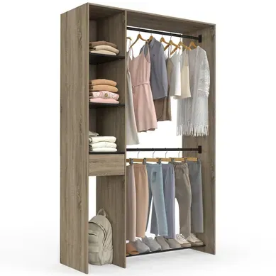 Dressing Double Penderie L. 110 Cm Mirty Avec étagères + Tiroir + Rangements À Chaussures Hêtre Et N