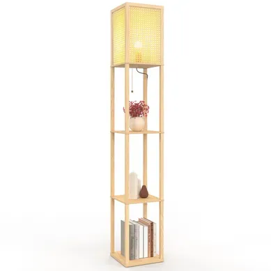 Lampadaire Naturel En Bois Clair Avec étagères Et Abat-jour Carré Effet Cannage