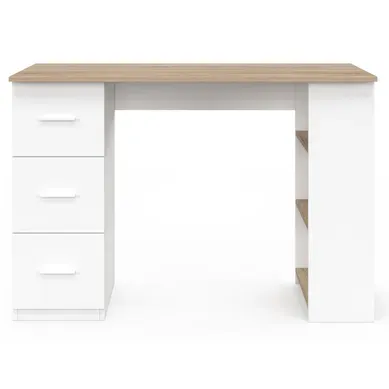 Bureau Droit Mae 3 Tiroirs Avec étagères De Rangement Blanc Et Bois Bureau Droit Mae 3 Tiroirs Avec étagères De Rangement Blanc Et Bois