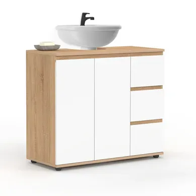 Meuble Sous Lavabo Salle De Bain Tomi Avec Placard Et 3 Tiroirs Façon Hêtre Et Blanc Meuble Sous Lavabo Salle De Bain Tomi Avec Placard Et 3 Tiroirs Façon Hêtre Et Blanc