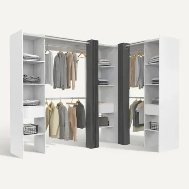 Dressing Extensible D'angle Marlon 230 X 140 X 180 Cm Blanc Avec Penderies + étagères + Rideaux Gris Dressing Extensible D'angle Marlon 230 X 140 X 180 Cm Blanc Avec Penderies + étagères + Rideaux Gris