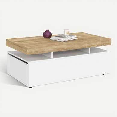 Table Basse Rectangulaire Elsa 100 Cm 2 Tiroirs En Bois Blanc Et Plateau Façon Hêtre