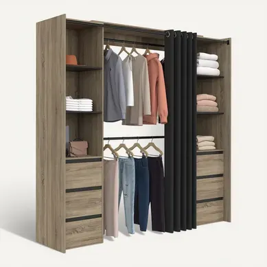Dressing Extensible Double Meryl 120/180 Cm Hêtre Avec 6 Tiroirs + étagères + Double Penderie + Ride Dressing Extensible Double Meryl 120/180 Cm Hêtre Avec 6 Tiroirs + étagères + Double Penderie + Ride