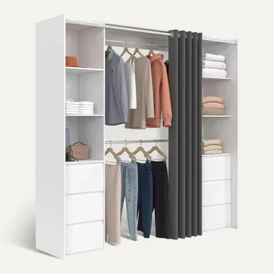Dressing Extensible Double Meryl 120/180 Cm Blanc Avec 6 Tiroirs + étagères + Double Penderie + Ride Dressing Extensible Double Meryl 120/180 Cm Blanc Avec 6 Tiroirs + étagères + Double Penderie + Ride