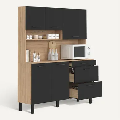 Buffet Casserolier De Cuisine 140 Cm Cina 5 Portes + 3 Tiroirs Façon Hêtre Et Noir Buffet Casserolier De Cuisine 140 Cm Cina 5 Portes + 3 Tiroirs Façon Hêtre Et Noir