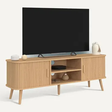 Meuble TV 140 Cm Romie 2 Portes Coulissantes Lattes Tasseau Bois Coloris Chêne