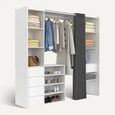 Dressing Extensible Double XXL Meryl 120/180 Cm Blanc Avec Tiroirs + étagères + Penderie + Rideau Gr Dressing Extensible Double XXL Meryl 120/180 Cm Blanc Avec Tiroirs + étagères + Penderie + Rideau Gr