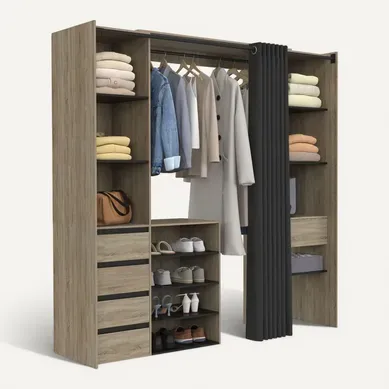 Dressing Extensible Double XXL Meryl 120/180 Cm Hêtre Avec Tiroirs + étagères + Penderie + Rideau No Dressing Extensible Double XXL Meryl 120/180 Cm Hêtre Avec Tiroirs + étagères + Penderie + Rideau No