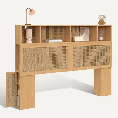 Tête De Lit Edhen 145 Cm Avec Rangements Fermés Et Niches Cannage Et Bois