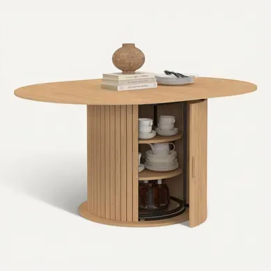 Table À Manger Extensible Ronde Juliette 4-8 Personnes Pied Lattes Avec Rangement 110-150 Cm