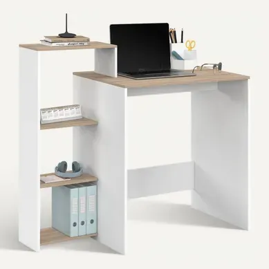 Bureau Avec étagères Modulables Latérales Lilian Bois Façon Hêtre Et Blanc