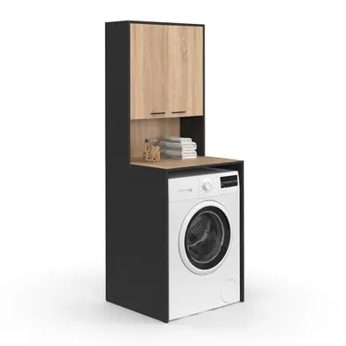 Meuble Dessus De Machine à Laver Wallis Avec Placard Noir Et Bois Façon Hêtre Meuble Dessus De Machine à Laver Wallis Avec Placard Noir Et Bois Façon Hêtre