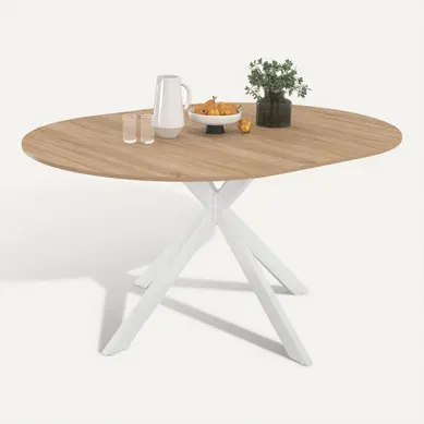 Table À Manger Extensible Ronde Alix 4-8 Personnes Pied Araignée Bois Et Blanc 110-150 Cm