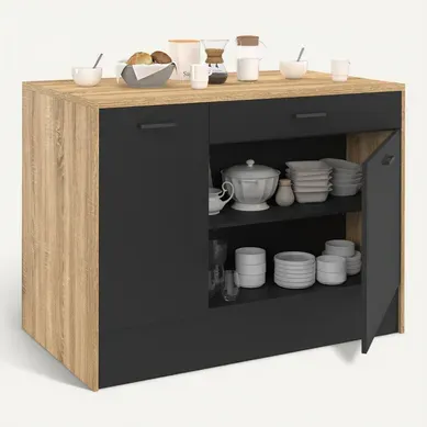 Ilot Central Lio 120 Cm Maxi Capacité De Rangement Bois Et Noir