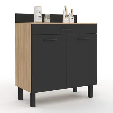Buffet Bas De Cuisine 80 Cm Cina Plan De Travail H.83 Cm 2 Portes + Tiroir Façon Hêtre Et Noir Buffet Bas De Cuisine 80 Cm Cina Plan De Travail H.83 Cm 2 Portes + Tiroir Façon Hêtre Et Noir