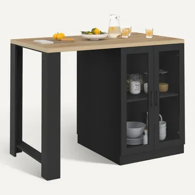 Ilot Central Lino 120 Cm 2 Personnes Bois Noir Avec Plan De Travail Façon Hêtre Et Portes Vitrées