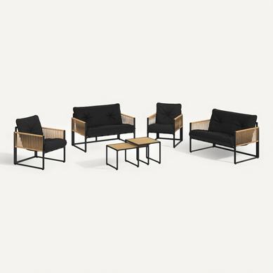 Salon De Jardin Bas Rio 6 Places Structure Métal Noir, Cordage Effet Rotin Clair Et Coussins Noirs Salon De Jardin Bas Rio 6 Places Structure Métal Noir, Cordage Effet Rotin Clair Et Coussins Noirs