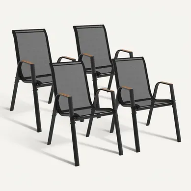 Lot De 4 Chaises De Jardin Noumea Métal Et Textilène Empilables Noir Et Bois Lot De 4 Chaises De Jardin Noumea Métal Et Textilène Empilables Noir Et Bois