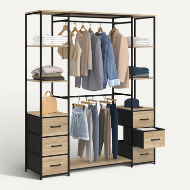 Dressing Double Penderie + Double Colonne L. 140 Cm Utah Avec 6 étagères Et 6 Bacs En Tissu Bois Et Dressing Double Penderie + Double Colonne L. 140 Cm Utah Avec 6 étagères Et 6 Bacs En Tissu Bois Et
