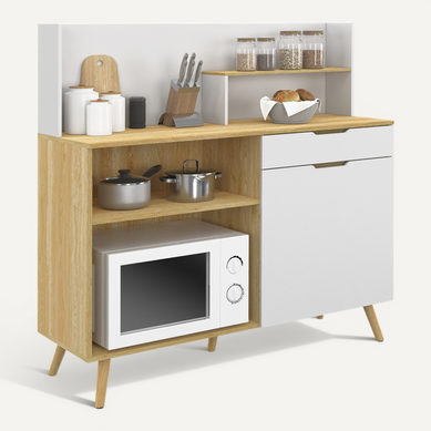 Buffet Bas De Cuisine 120 Cm Olaf Plan De Travail H.83 Cm 1 Porte + 1 Tiroir Façon Hêtre Et Blanc