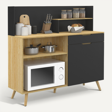 Buffet Bas De Cuisine 120 Cm Olaf Plan De Travail H.83 Cm 1 Porte + 1 Tiroir Façon Hêtre Et Noir