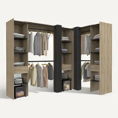 Dressing Extensible D'angle Marlon 230 X 140 X 180 Cm Hêtre Avec Penderies + étagères + Rideaux Noir Dressing Extensible D'angle Marlon 230 X 140 X 180 Cm Hêtre Avec Penderies + étagères + Rideaux Noir