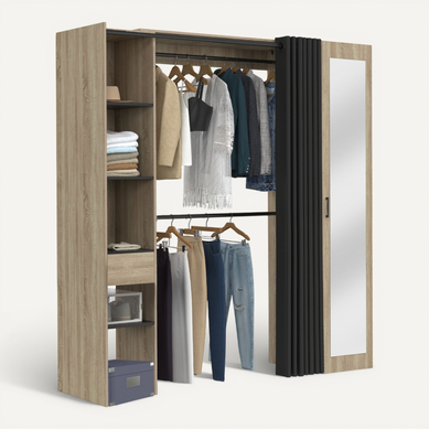 Dressing Extensible Meryl 145/170 X 50 X 180 Cm Hêtre Avec étagères + Double Penderie + Miroir + Rid Dressing Extensible Meryl 145/170 X 50 X 180 Cm Hêtre Avec étagères + Double Penderie + Miroir + Rid