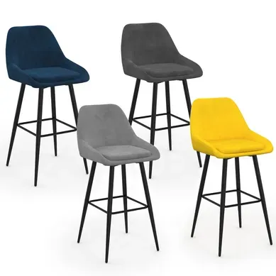 Lot De 4 Tabourets De Bar Thalya En Velours Mix Color Bleu, Gris Clair, Gris Foncé, Jaune Avec Demi-