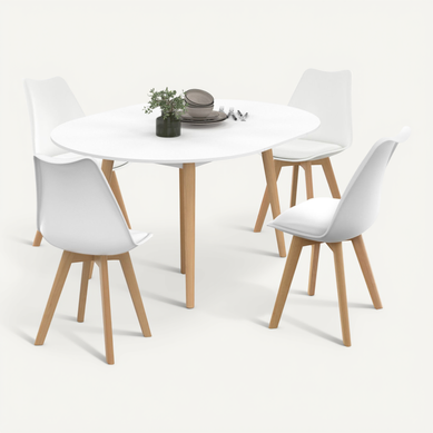 Ensemble Table à Manger Extensible Ronde Angela Blanc Pied Bois 110 - 150 Cm Et 4 Chaises Sara Blanc Ensemble Table à Manger Extensible Ronde Angela Blanc Pied Bois 110 - 150 Cm Et 4 Chaises Sara Blanc