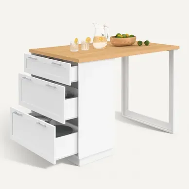 Ilot Central Mange-debout 4 Personnes Vito 130 Cm Casserolier 3 Tiroirs Blanc Et Plateau Bois Ilot Central Mange-debout 4 Personnes Vito 130 Cm Casserolier 3 Tiroirs Blanc Et Plateau Bois