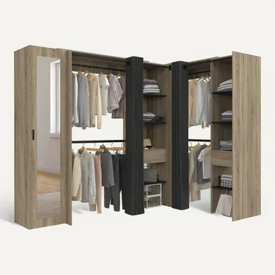 Dressing Extensible D'angle Marlon 230 X 140 X 180 Cm Cm Hêtre Avec Penderies + étagères + Miroir +