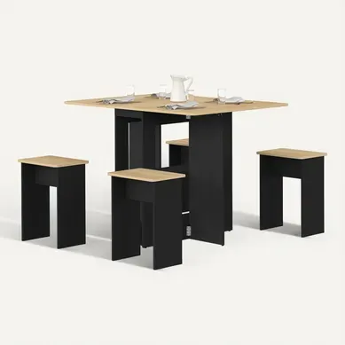 Ensemble Table Console Pliable Edi 2-4 Personnes Bois Noir Et Plateau Façon Hêtre Avec 4 Tabourets Ensemble Table Console Pliable Edi 2-4 Personnes Bois Noir Et Plateau Façon Hêtre Avec 4 Tabourets