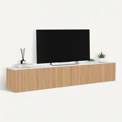 Meuble TV 180 Cm Suspendu Juliette 2 Portes Plateau Effet Marbre Lattes Tasseau Bois Coloris Chêne